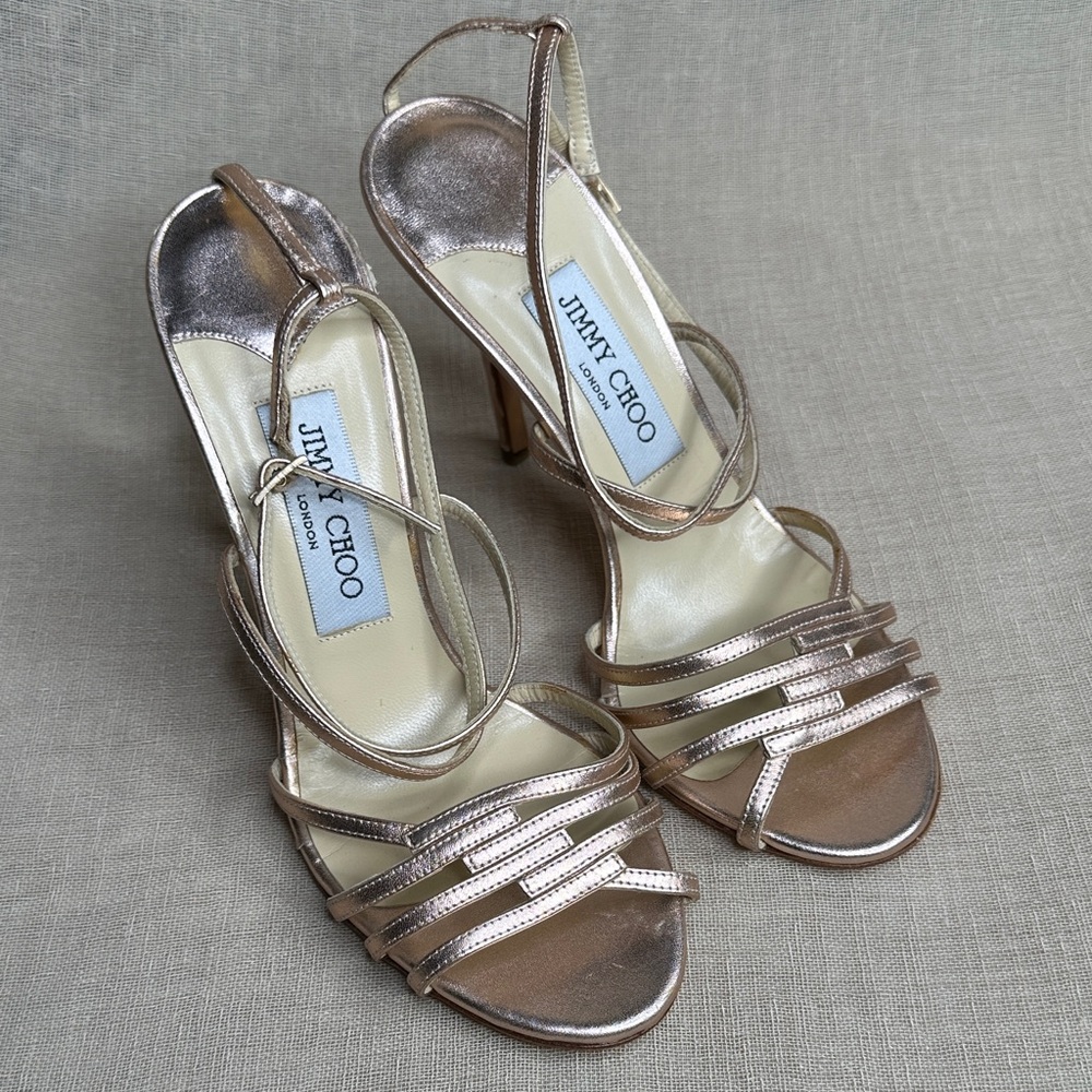 Jimmy Choo Metallic Rose Gold Strappy Heels